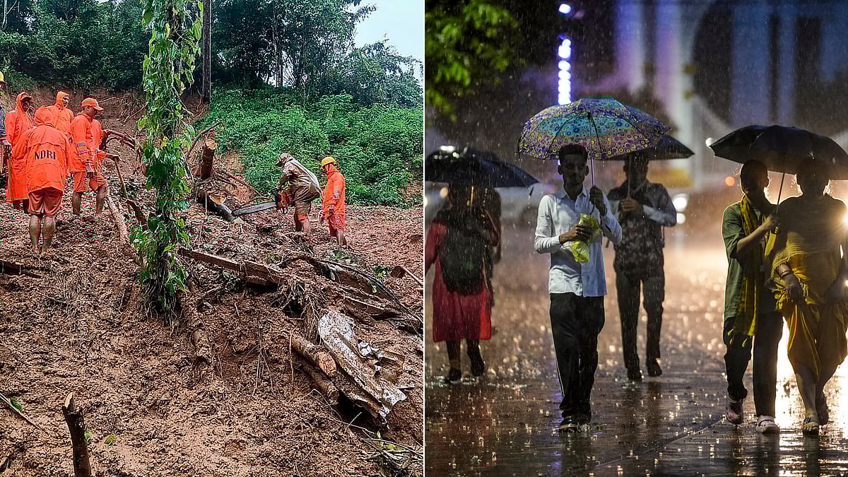 PTI : Meghalaya landslide (left), Rain in Kolkata (right)
