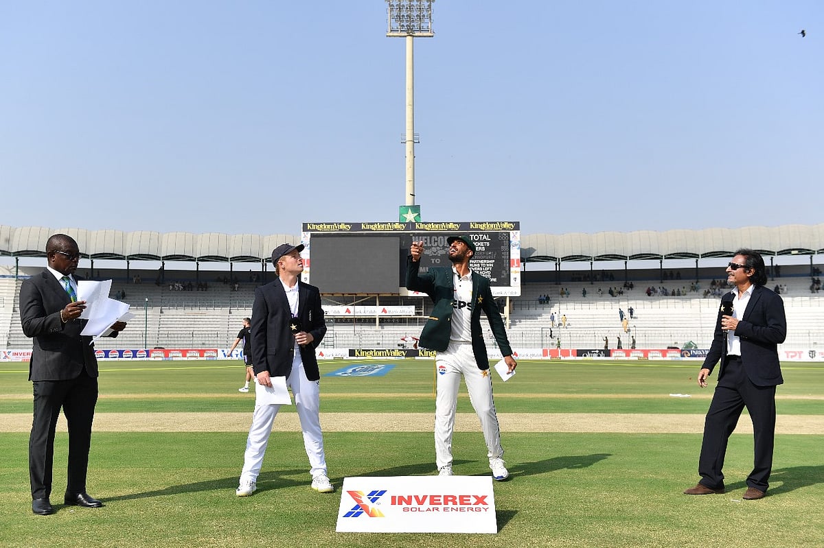 X/PCB : Shan Masood, Pakistan captain, spins the coin for the toss.