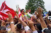 | Photo: PTI/S Irfan : J&K polls: National Conference candidate Ahsan Pardesi celebrates his win