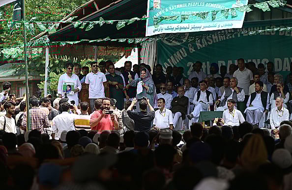 (Photo  via Getty Images) :  Peoples Democratic Party (PDP) president Mehbooba Mufti speaks during a public rally on the 25th Foundation Day of the party on July 27, 2024 in Srinagar, 
