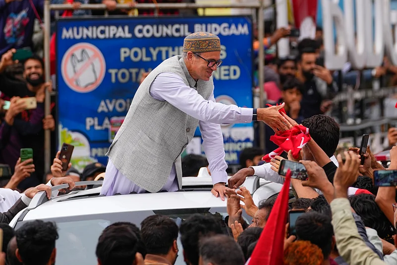 NC leader Omar Abdullah celebrates his victory in  Budgam.