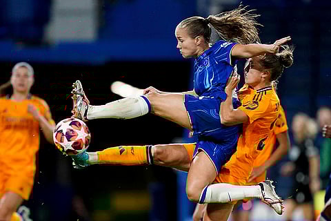 Women's Champions League: Chelsea's Guro Reiten, front, has a shot on goal