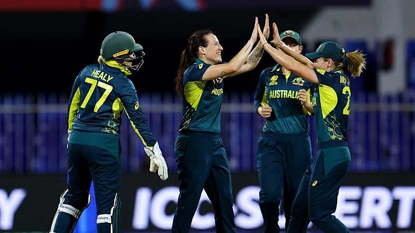 Photo: X | T20 World Cup : Australia women players celebrating after a wicket of New Zealand women batter in the ICC Women's T20 World Cup 2024.