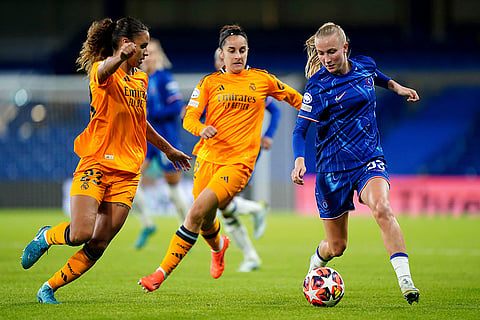 Women's Champions League: Chelsea's Aggie Beever-Jones, right, and Real Madrid's Maelle Lakrar (23) battle for the ball