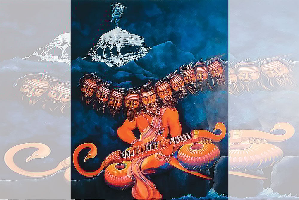 Ravana at Kailash Painting, Playing the Veena. Artwork by Girija Hariharan