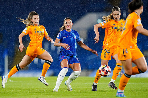 Women's Champions League: Chelsea's Johanna Rytting Kaneryd and Real Madrid's Melanie Leupolz challenge for the ball