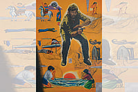 Right Ends, Wrong Means: The Anti-Hero In Hindi Cinema Courtesy: Tao Art Gallery : Atul Dodiya, Gabbar on Gamboge, 1997, Oil, acrylic, marble dust, charcoal on canvas; Courtesy of Atul Dodiya and KNMA, and Collection of Fukuoka Asian Art Museum, Art curation credits of Urvi Kothari