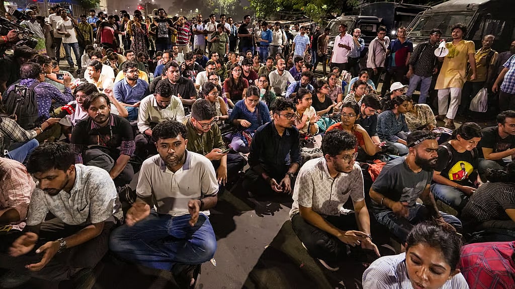 Junior doctors in Kolkata at a sit-in protest seeking justice in RG Kar case