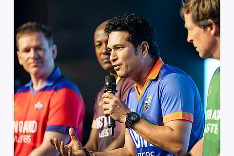 Masters League: Eoin Morgan, Brian Lara, Sachin Tendulkar and Jonty Rhodes during the launch function