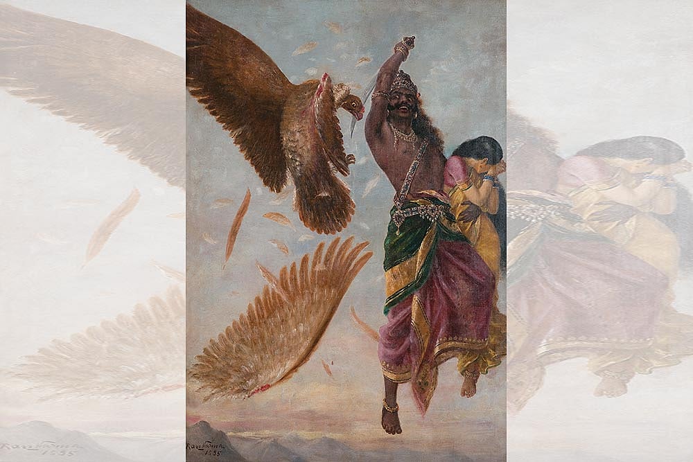 Artwork by Raja Ravi Varma Sita horrified at the sight of Raavan slashing Jadayu’s wing