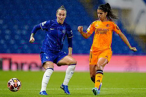 Women's Champions League: Chelsea's Lucy Bronze, left, and Real Madrid's Alba Redondo, right, challenge for the ball