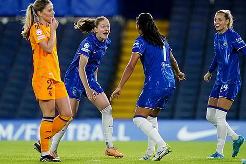 Women's Champions League: Chelsea's Sjoeke Nusken, second left, celebrates after scoring the opening goal