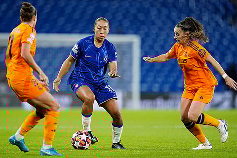 Women's Champions League: Chelsea's Lauren James, center, and Real Madrid's Teresa Abelleira, right, challenge for the ball