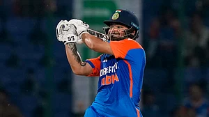 PTI Photo/Manvender Vashist Lav : India's Rinku Singh plays a shot during the second T20 International cricket match between India and Bangladesh at the Arun Jaitley Stadium, in New Delhi.