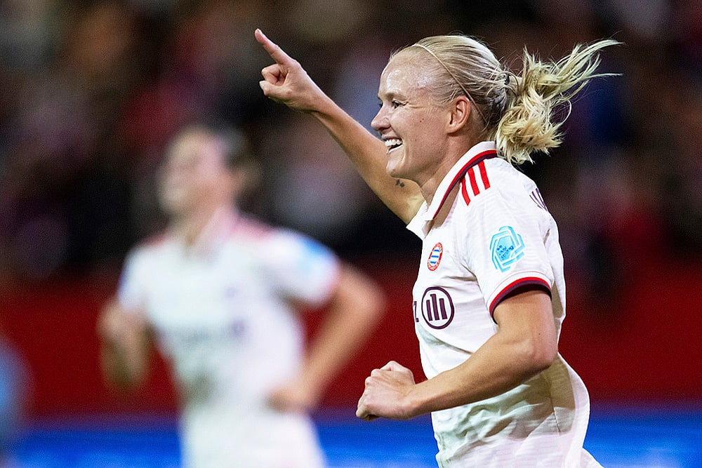 | Photo: Sven Hoppe/dpa via AP : Women's Champions League: Munich's Pernille Harder celebrates after scoring her side's fifth goal