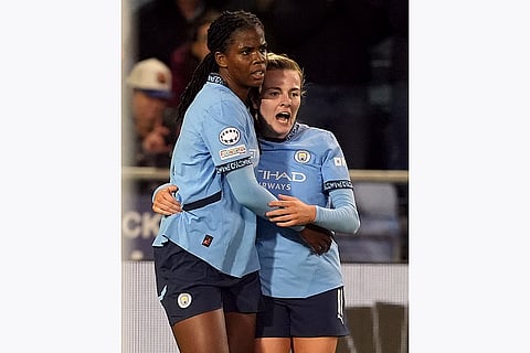 Women's Champions League: Manchester City's scorer Khadija Shaw and Lauren Hemp, celebrate their side's second goal