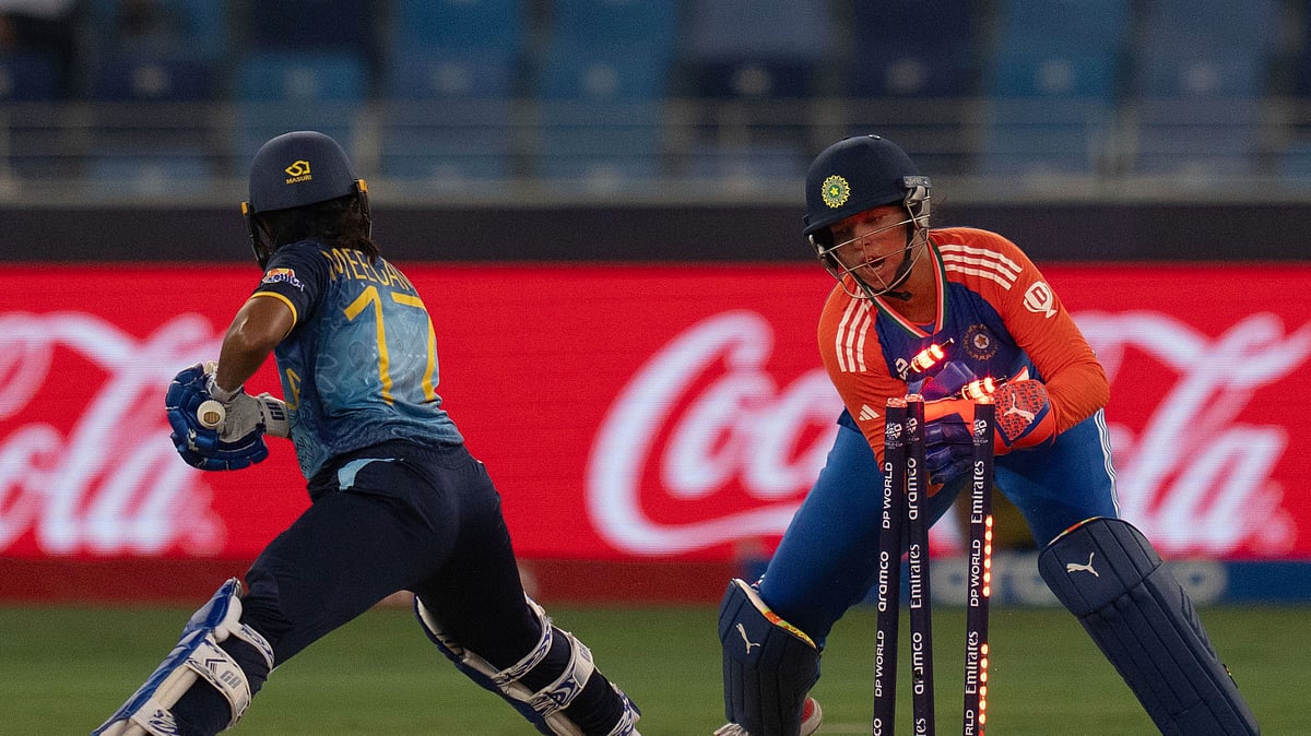 India's Richa Ghosh stumps out Sri Lanka's Anushka Sanjeewani during the ICC Women's T20 World Cup 2024 match between India and Sri Lanka in Dubai. - AP Photo/Altaf Qadri