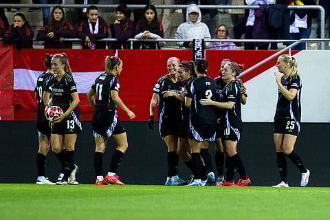 Women's Champions League: Arsenal's players celebrate the opening goal against FC Bayern Munich