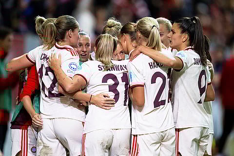Women's Champions League: Munich's players celebrate their side's second goal