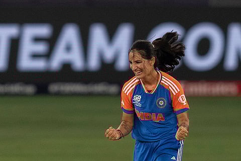 Women's T20 WC: India's Renuka Thakur celebrates the wicket of Sri Lanka's Harshitha Samarawickrama