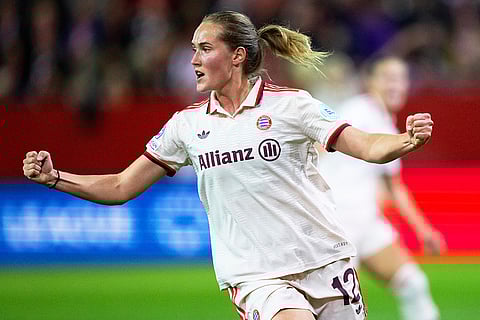 Women's Champions League: Munich's Sydney Lohmann celebrates after scoring her side's second goal