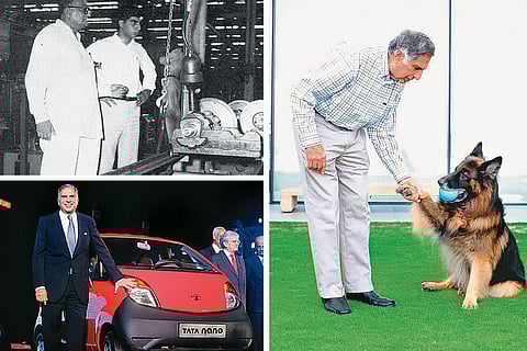 The Past and the Present: Tata at the Telco plant in Jamshedpur,; With his dog Tito; Tata at the launch of Nano