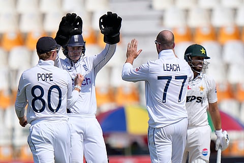 Pakistan vs England 1st Test: Jack Leach, celebrates after taking the wicket of Pakistan's Salman Ali Agha