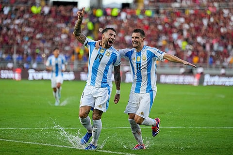 FIFA World Cup 2026 Qualifiers: Argentina's Nicolas Otamendi (19) celebrates with Giovani Lo Celso after scoring his side's opening goal