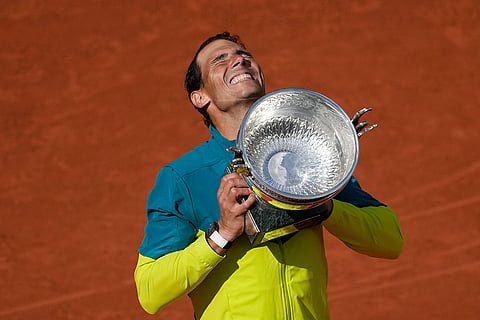 Spain's Rafael Nadal lifts the trophy at the French Open tennis tournament in 2022