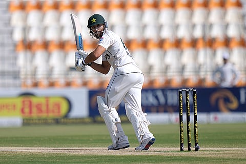 Pakistan vs England 1st Test: Pakistan's Salman Ali Agha follows the ball after playing a shot