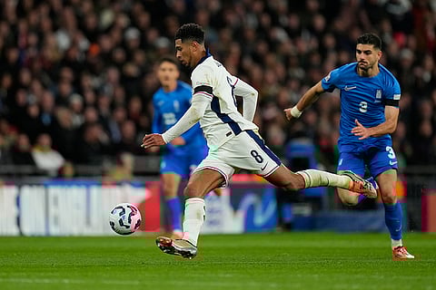 Nations League Soccer: England's Jude Bellingham controls the ball