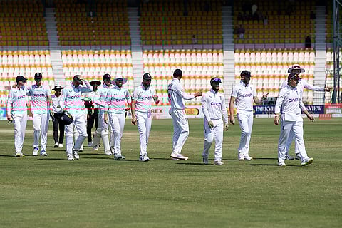 Pakistan vs England 1st Test: England's Ollie Pope, right, and teammates after winning the first test