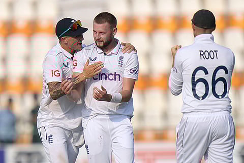 Pakistan vs England: England's Gus Atkinson celebrates after taking the wicket of Pakistan's Babar Azam