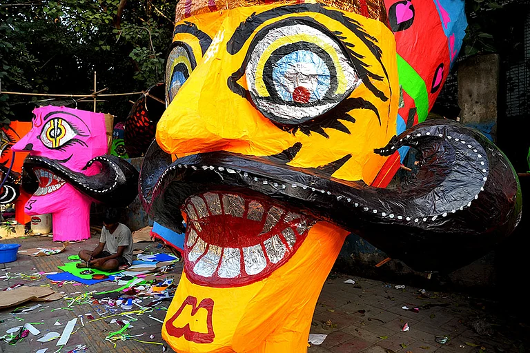 Colourful effigies of Raavan on sale at a sidewalk in Delhi’s Titarpur ahead of Dussehra.  - | Photo: Suresh K Pandey/Outlook