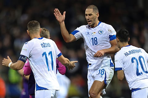 Nations League Soccer: Bosnia players celebrate after a goal against Germany
