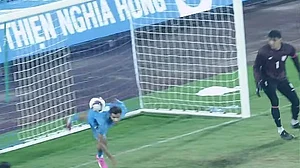 FanCode screengrab : India defender Anwar Ali (left) pulls off a stunning goal-line clearance to deny Vietnam during the friendly match in Nam Dinh.