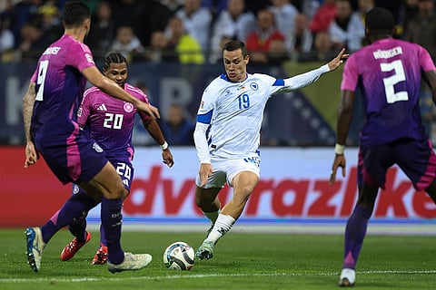 Nations League Soccer: Bosnia's Dario Saric shoots the ball
