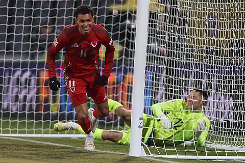 Nations League Soccer: Brennan Johnson of Wales celebrates after scoring the opening goal