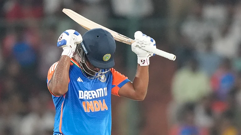India's Sanju Samson celebrates after scoring his fifty runs during the third and final T20 cricket match between Bangladesh and India in Hyderabad, India - AP