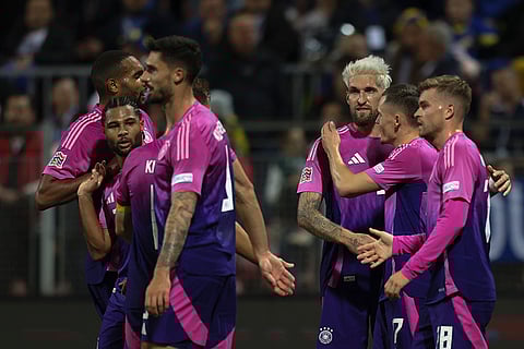 Nations League Soccer: German players celebrate after a goal