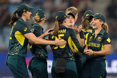 Women's T20 World Cup: Australian players celebrate the wicket of Pakistan's Aliya Riaz