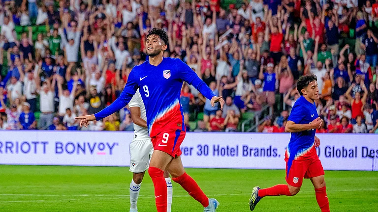 United States forward, Ricardo Pepi, (9) celebrates his goal against Panama during the second half of a international friendly football match. - AP Photo/Rodolfo Gonzalez