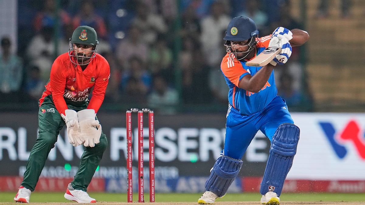 AP Photo/Manish Swarup : India's Sanju Samson plays a shot during the second T20 cricket match between Bangladesh and India in New Delhi.