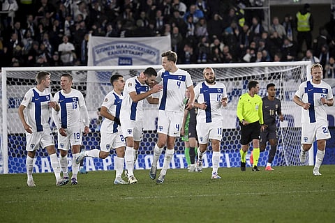 Nations League Soccer: Arttu Hoskonen of Finland, centre left, celebrates with teammates after scoring his sides first goal