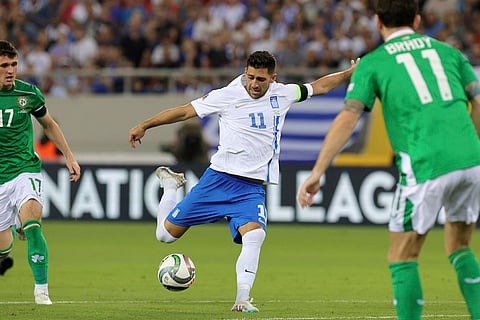 Nations League Soccer: Greece's Tasos Bakasetas scores the opening goal