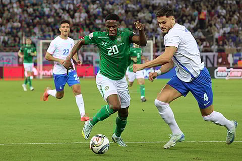 Nations League Soccer: Ireland's Chiedozie Ogbene vies for the ball with Greece's Ntinos Mavropanos