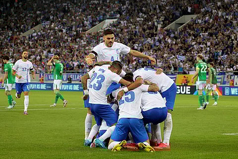 Nations League Soccer: Greece players celebrate after scoring the opening goal
