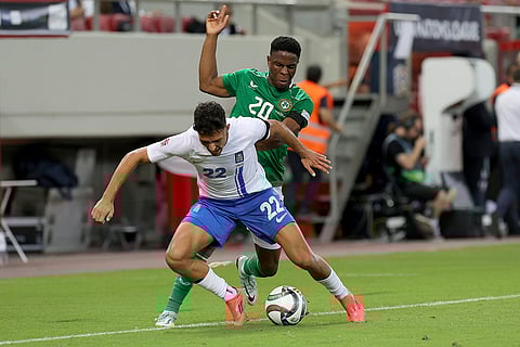 Nations League Soccer: Ireland's Chiedozie Ogbene vies for the ball with Greece's Dimitris Giannoulis