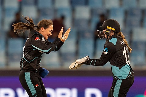 Women's T20 World Cup: New Zealand's Amelia Kerr, left, celebrates the wicket of Pakistan's Nida Dar