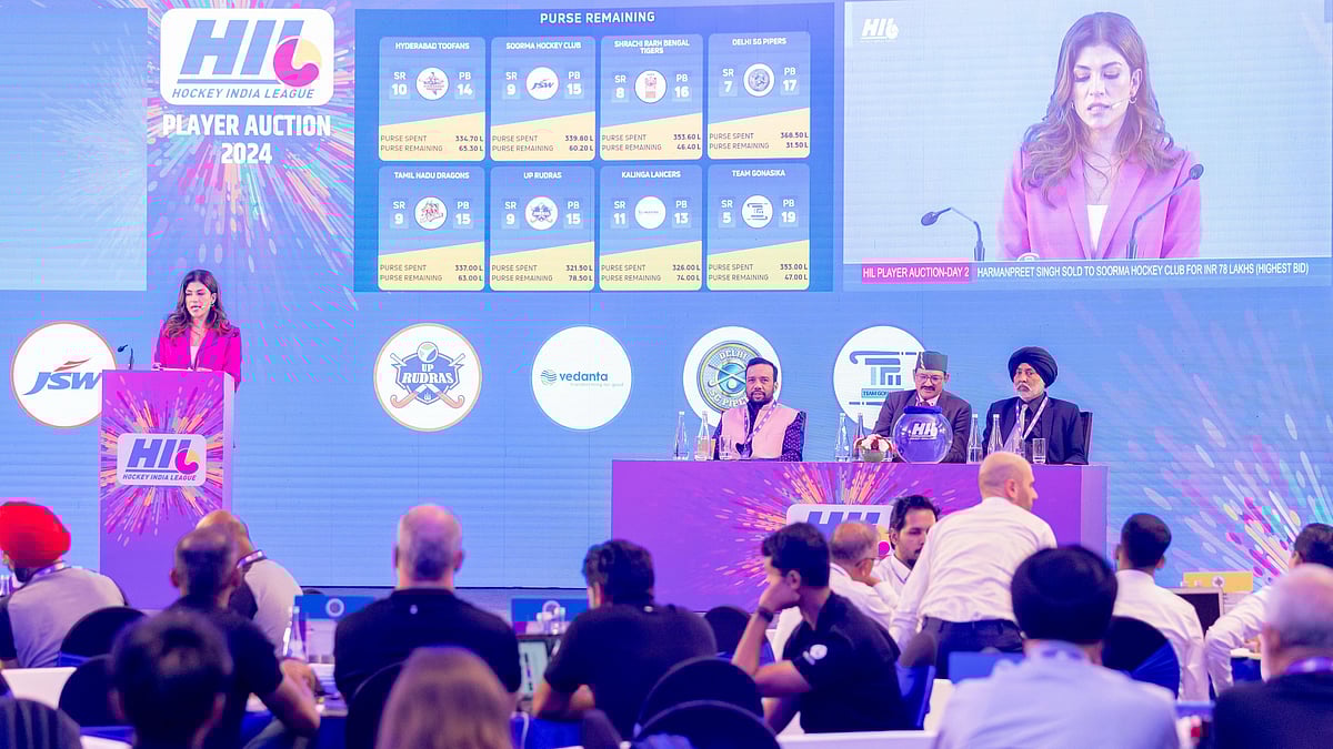 Photo: Special Arrangement : Action from day 2 of the Hockey India League player auction in New Delhi.